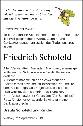 Traueranzeige von Friedrich Schofeld von Müritz-Zeitung