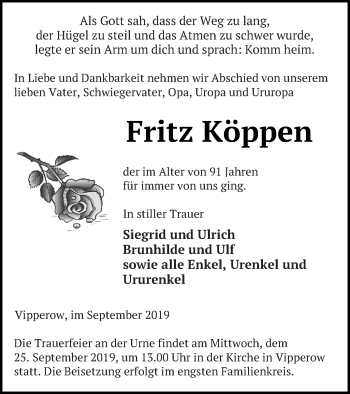 Traueranzeige von Fritz Köppen von Müritz-Zeitung