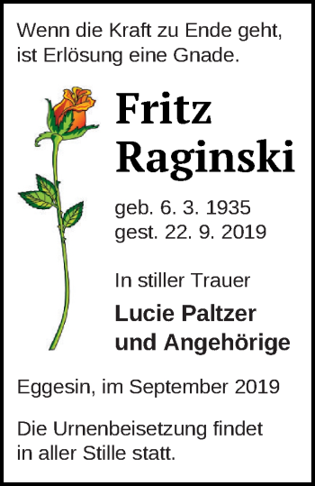 Traueranzeige von Fritz Raginski von Haff-Zeitung