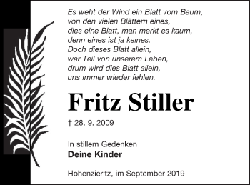 Traueranzeige von Fritz Stiller von Strelitzer Zeitung