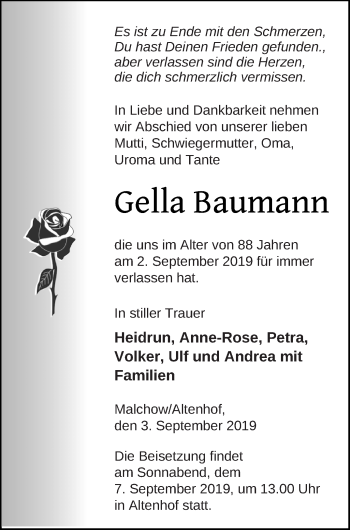 Traueranzeige von Gella Baumann von Müritz-Zeitung