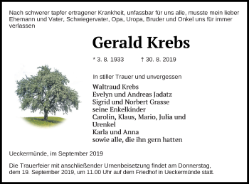 Traueranzeige von Gerald Krebs von Haff-Zeitung