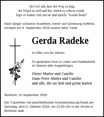 Traueranzeige von Gerda Radeke von Templiner Zeitung