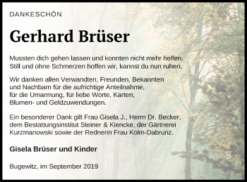 Traueranzeige von Gerhard Brüser von Vorpommern Kurier