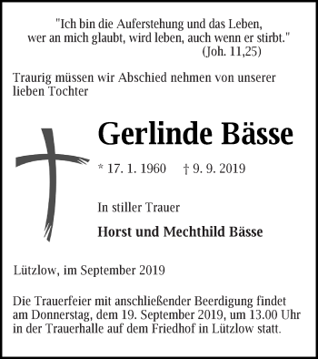 Traueranzeige von Gerlinde Bässe von Prenzlauer Zeitung