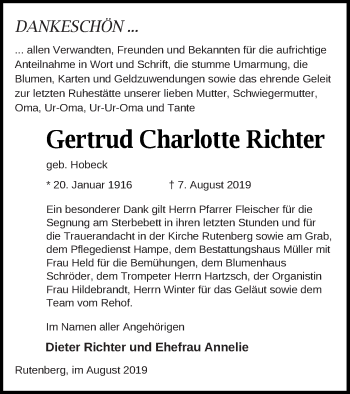 Traueranzeige von Gertrud Charlotte Richter von Templiner Zeitung