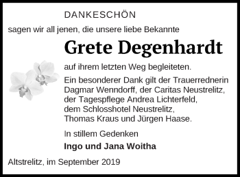 Traueranzeige von Grete Degenhardt von Strelitzer Zeitung