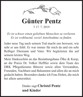 Traueranzeige von Günter Pentz von Bützower Zeitung