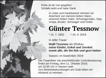 Traueranzeige von Günter Tessnow von Vorpommern Kurier