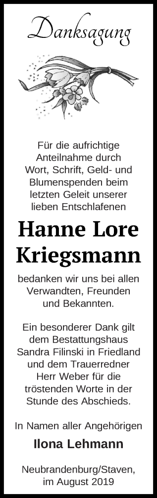 Traueranzeige von Hanne Lore Kriegsmann von Neubrandenburger Zeitung