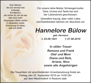 Traueranzeige von Hannelore Bülow von Güstrower Anzeiger