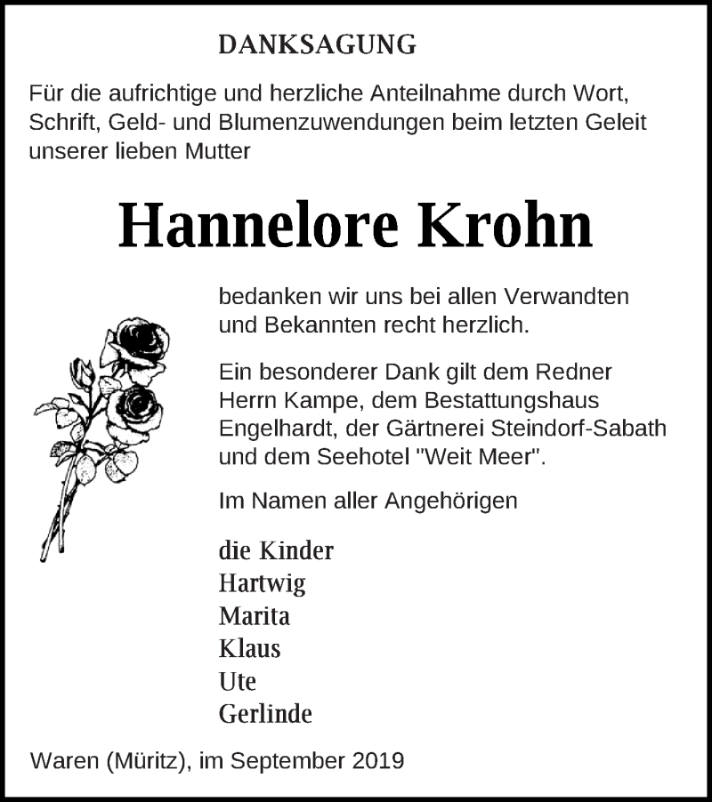  Traueranzeige für Hannelore Krohn vom 14.09.2019 aus Müritz-Zeitung