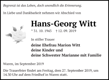 Traueranzeige von Hans-Georg Witt von Müritz-Zeitung