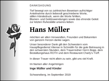 Traueranzeige von Hans Müller von Prenzlauer Zeitung