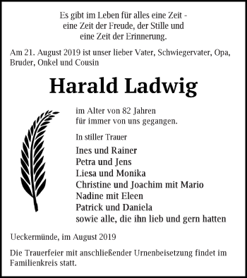 Traueranzeige von Harald Ladwig von Haff-Zeitung