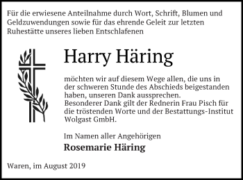 Traueranzeige von Harry Häring von Müritz-Zeitung