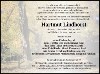 Traueranzeige von Hartmut Lindhorst von Neubrandenburger Zeitung