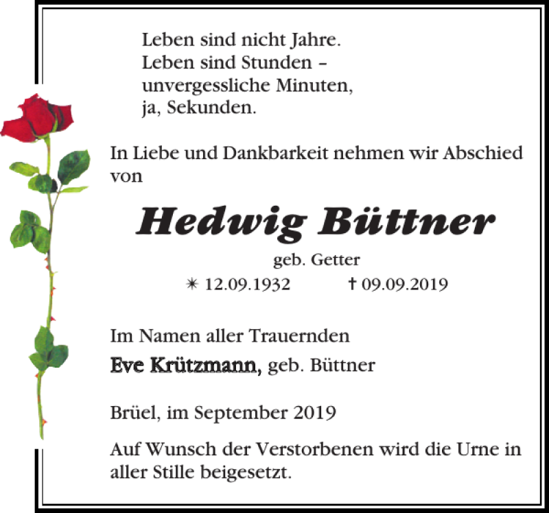  Traueranzeige für Hedwig Büttner vom 21.09.2019 aus Anzeiger für Sternberg - Brüel - Warin