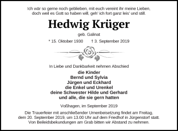 Traueranzeige von Hedwig Krüger von Mecklenburger Schweiz