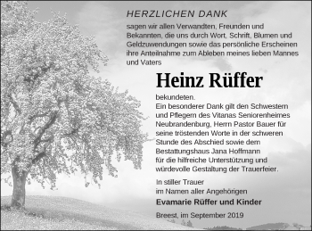 Traueranzeige von Heinz Rüffer von Neubrandenburger Zeitung