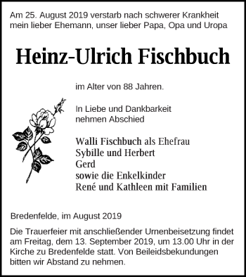 Traueranzeige von Heinz-Ulrich Fischbuch von Strelitzer Zeitung