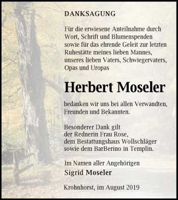 Traueranzeige von Herbert Moseler von Templiner Zeitung