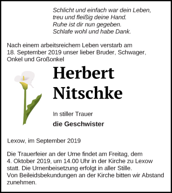 Traueranzeige von Herbert Nitschke von Müritz-Zeitung