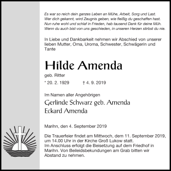 Traueranzeige von Hilde Amenda von Müritz-Zeitung