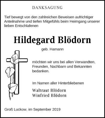 Traueranzeige von Hildegard Blödorn von Pasewalker Zeitung