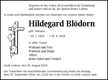 Traueranzeige von Hildegard Blödorn von Pasewalker Zeitung