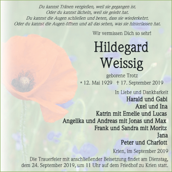 Traueranzeige von Hildegard Weissig von Vorpommern Kurier