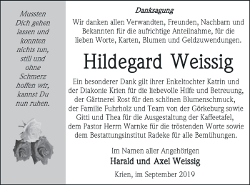 Traueranzeige von Hildegard Weissig von Vorpommern Kurier