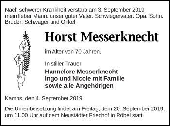 Traueranzeige von Horst Messerknecht von Müritz-Zeitung