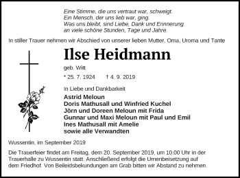 Traueranzeige von Ilse Heidmann von Vorpommern Kurier