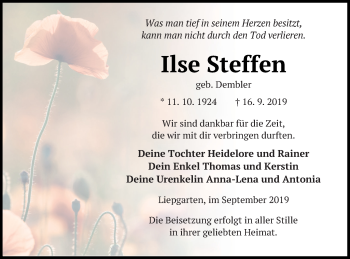 Traueranzeige von Ilse Steffen von Haff-Zeitung