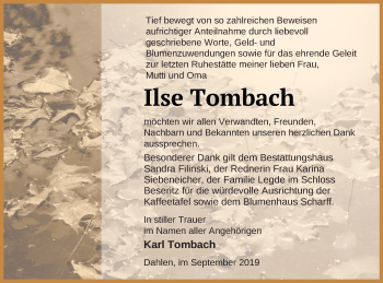 Traueranzeige von Ilse Tombach von Neubrandenburger Zeitung