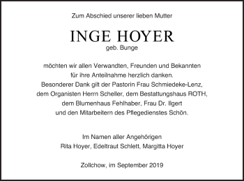 Traueranzeige von Inge Hoyer von Prenzlauer Zeitung