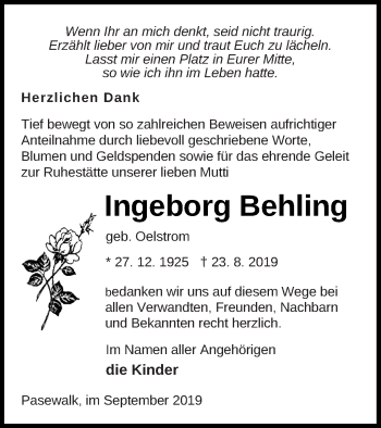 Traueranzeige von Ingeborg Behling von Pasewalker Zeitung