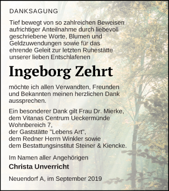 Traueranzeige von Ingeborg Zehrt von Vorpommern Kurier