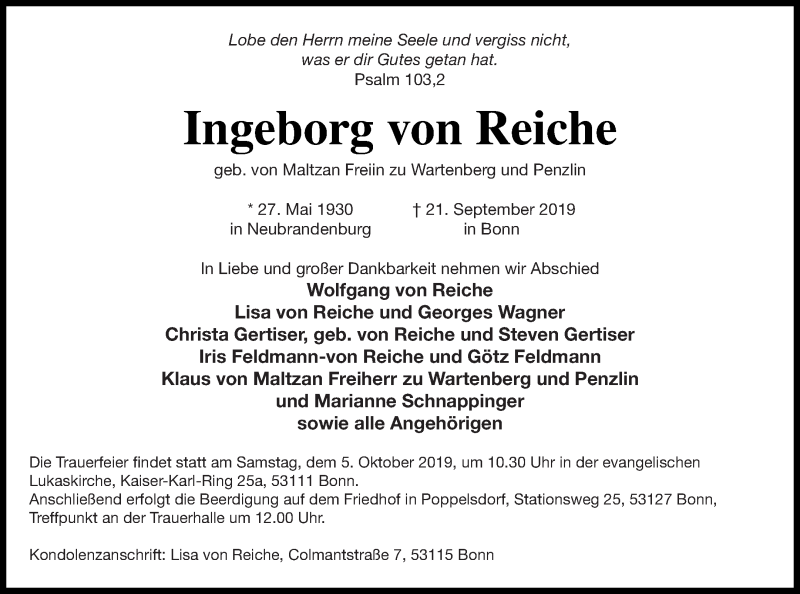  Traueranzeige für Ingeborg von Reiche vom 28.09.2019 aus Neubrandenburger Zeitung