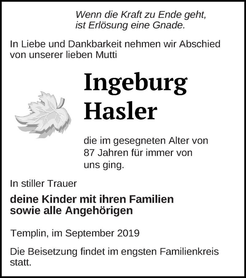 Traueranzeige für Ingeburg Hasler vom 27.09.2019 aus Prenzlauer Zeitung