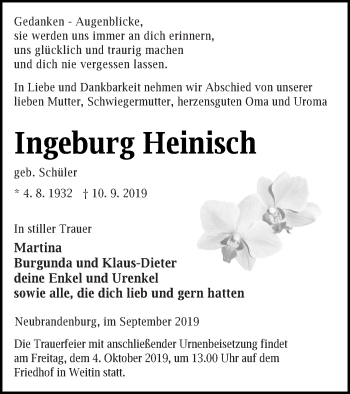 Traueranzeige von Ingeburg Heinisch von Neubrandenburger Zeitung