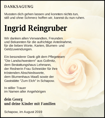 Traueranzeige von Ingrid Reingruber von Prenzlauer Zeitung