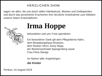 Traueranzeige von Irma Hoppe von Pasewalker Zeitung