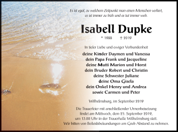 Traueranzeige von Isabell Dupke von Haff-Zeitung