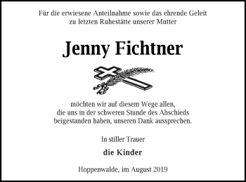 Traueranzeige von Jenny Fichtner von Haff-Zeitung