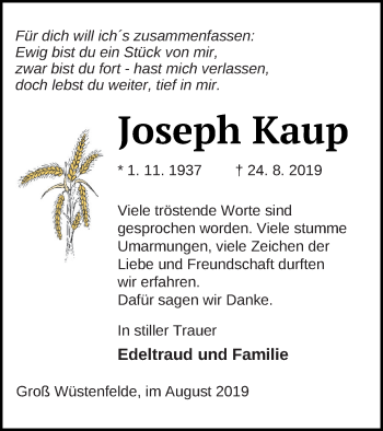 Traueranzeige von Joseph Kaup von Mecklenburger Schweiz