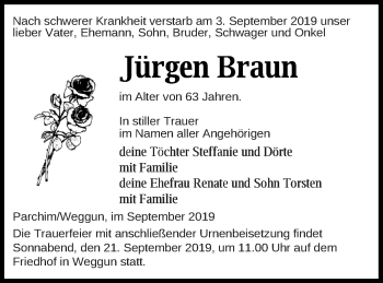 Traueranzeige von Jürgen Braun von Prenzlauer Zeitung