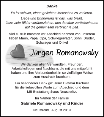 Traueranzeige von Jürgen Romanowsky von Strelitzer Zeitung