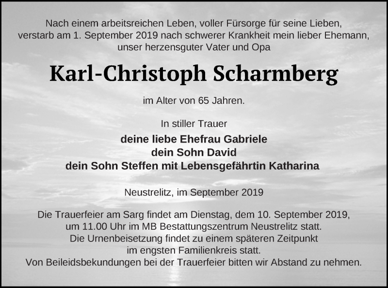  Traueranzeige für Karl-Christoph Scharmberg vom 07.09.2019 aus Strelitzer Zeitung